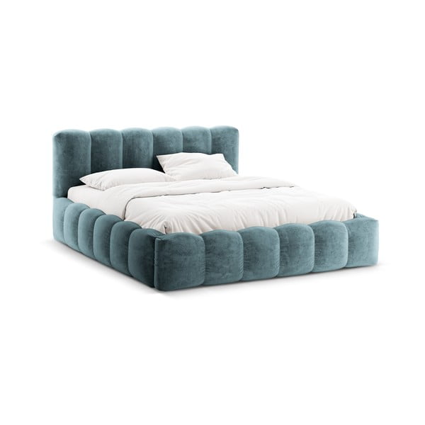 Синьо тапицирано двойно легло с място за съхранение с включена подматрачна рамка 200x200 cm Lupine – Micadoni Home-image-3