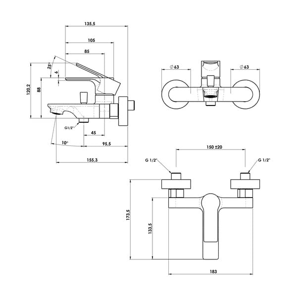 Матово-черна стенна батерия за вана (2 изхода) Pax – Sapho-image-2