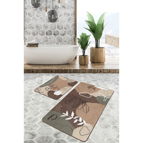 Кафяви кадифени постелки за баня в комплект от 2 бр. 60x100 cm Abstract Faces – Mila Home-image-2