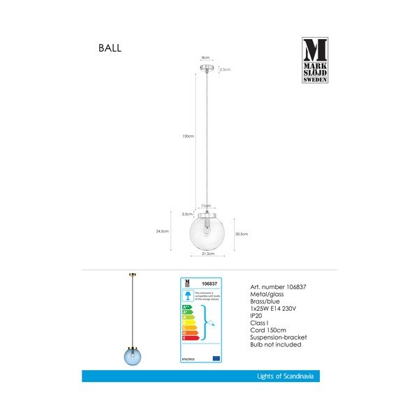Závěsné svítidlo v modro-zlaté barvě Markslöjd Ball Two, ⌀ 22 cm-image-3