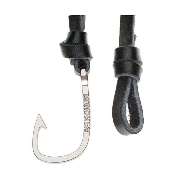 Мъжка черна гривна от естествена кожа със сребрист компонент с кука - Monomen-image-1