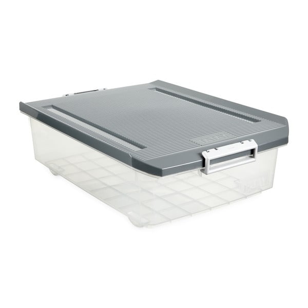 Прозрачна кутия за съхранение под леглото със сив капак Кутия за съхранение, 32 л - Ta-Tay