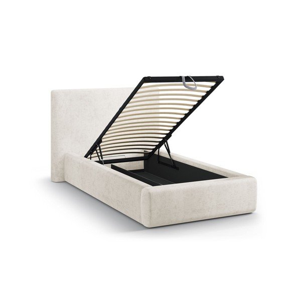 Кремаво единично легло 90x200 cm тапицирано с място за съхранение с включена подматрачна рамка Amy – Micadoni -image-1