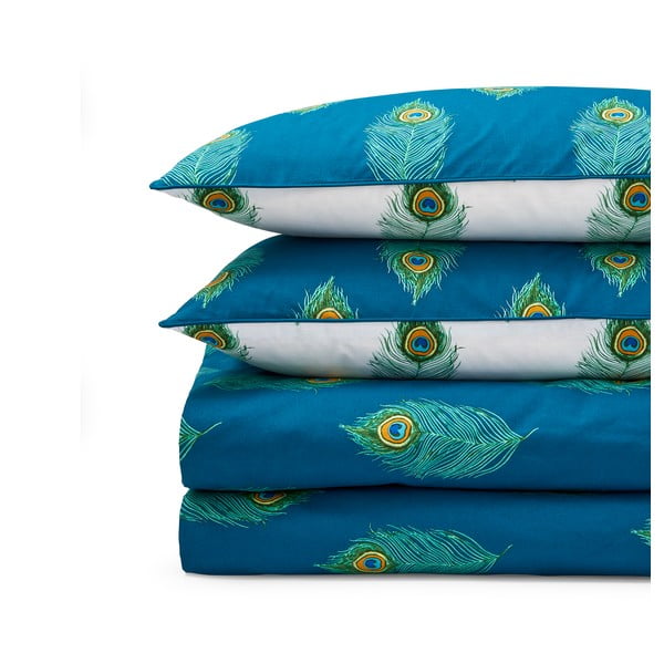 Бяло-тюркоазено двойно  памучно спално бельо 200x200 cm Peacock Feather – Their Nibs