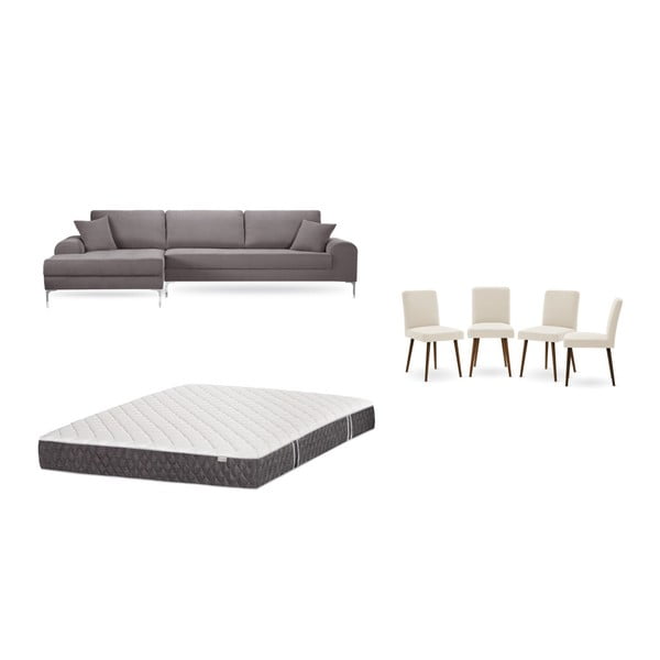 Комплект от кафяв диван с шезлонг вляво, 4 кремави стола и матрак 160 x 200 cm - Home Essentials