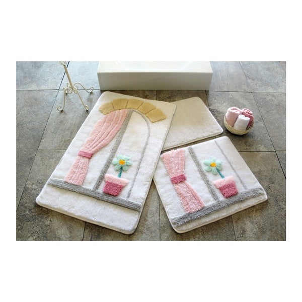 Комплект от три килимчета за баня с мотив на прозорец в розово Knit Knot - Foutastic