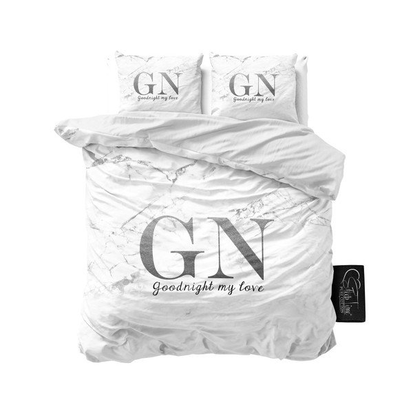 Bavlněné povlečení na dvoulůžko se stříbrným nápisem Sleeptime Good Night, 240 x 220 cm