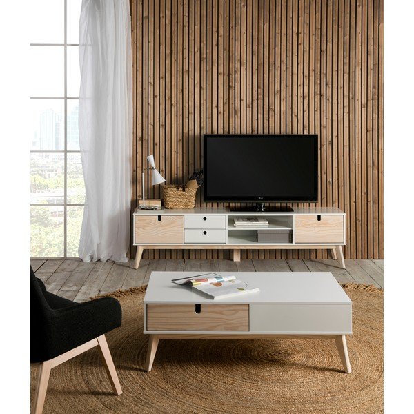 Бяла маса за телевизор с крака от борова дървесина Kiara - Marckeric-image-1