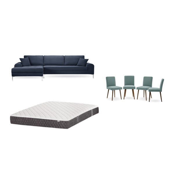 Комплект от тъмносин диван с шезлонг отляво, 4 сиво-зелени стола и матрак 160 x 200 cm - Home Essentials