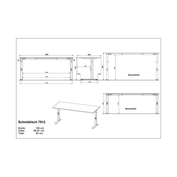 Регулируема работна маса с дъбов плот 80x180 cm Downey – Germania-image-3