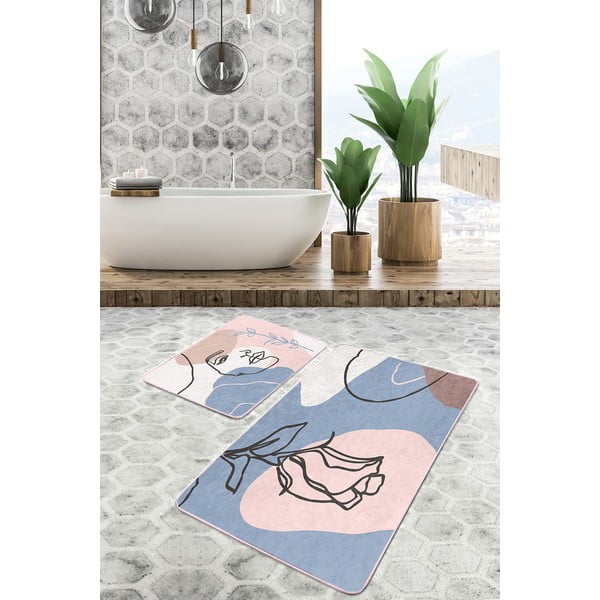 Сини розови кадифени постелки за баня в комплект от 2 бр. 60x100 cm Abstract Faces – Mila Home-image-1