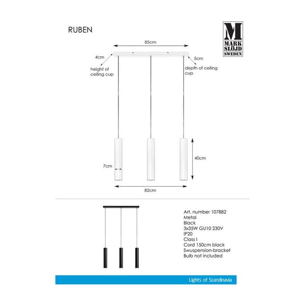 Черно висящо осветително тяло Pendant 3L Ruben - Markslöjd-image-1