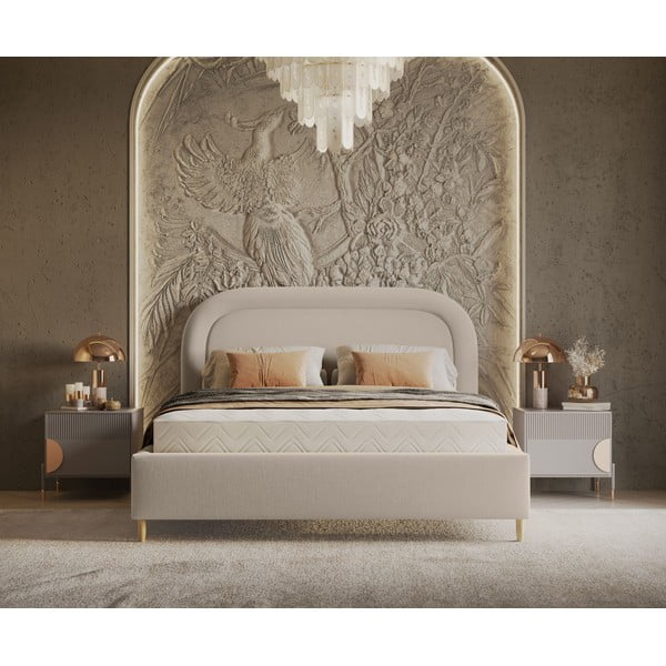 Бежово тапицирано двойно легло с място за съхранение с включена подматрачна рамка 140x200 cm Mija – Maison de Rêve-image-4