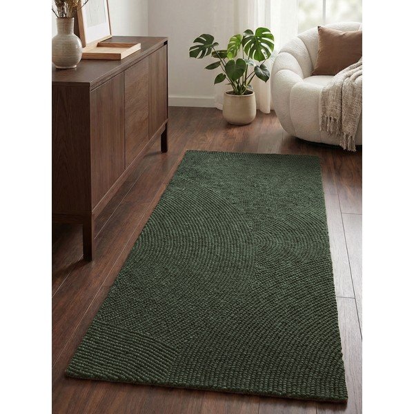 Тъмнозелена ръчно изработена вълнена пътека 80x200 cm Calmio – Hanse Home-image-1