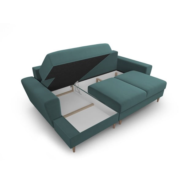 Кадифен разтегателен ъглов диван с място за съхранение в петролен цвят (ляв ъгъл) Kyoto – Cosmopolitan Design-image-3