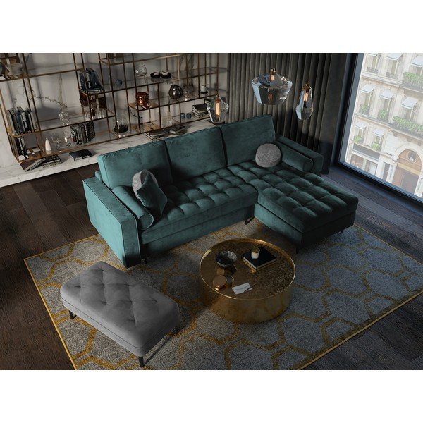 Ъглов разтегателен диван от кадифе в петролено зелено, десен ъгъл Santo - Milo Casa-image-1