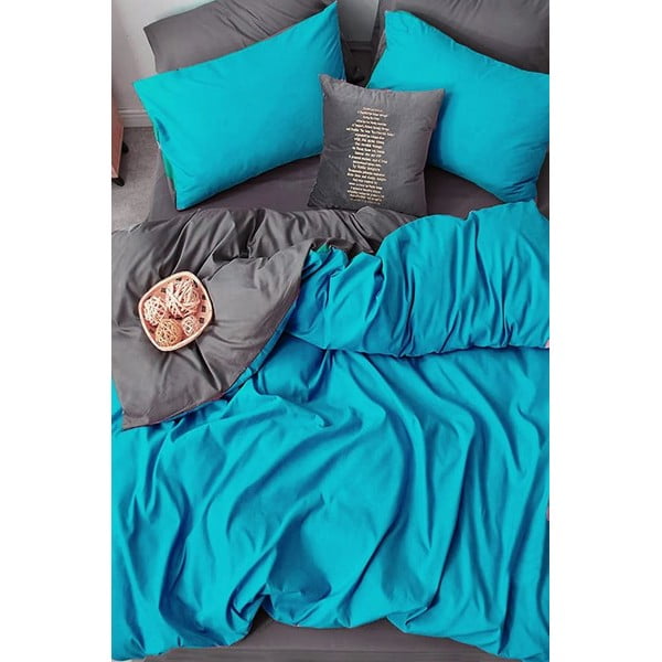 Удължен памучен чаршаф за двойно легло от четири части в сиво и тюркоазено 200x220 см - Mila Home