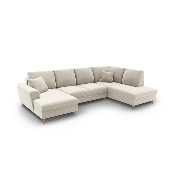 Бежов кадифен разтегателен ъглов диван с място за съхранение (десен ъгъл/U форма) Kyoto – Cosmopolitan Design-image-1