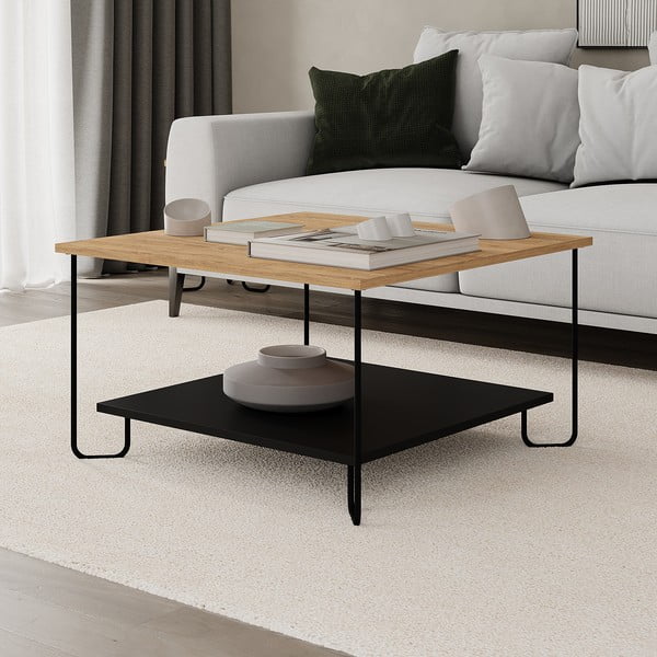 Масичка за кафе с дъбов плот в черен и естествен цвят 80x80 cm Tonka - Marckeric-image-3