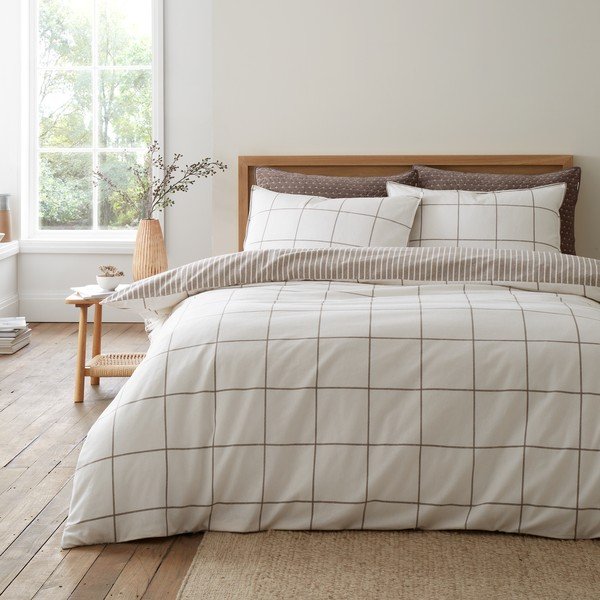 Кремаво/кафяво-сиво единично  фланелено спално бельо 135x200 cm Brushed Regal Check – Bianca-image-1