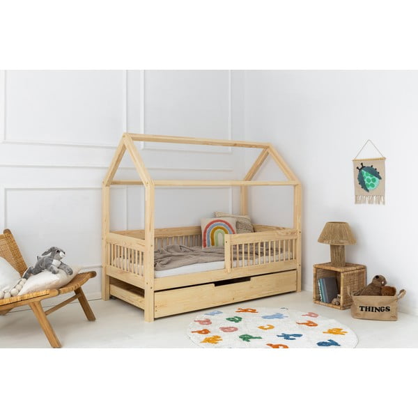 Разтегателно детско легло къща от масивен бор с място за съхранение в естествен цвят 80x200 cm Mila MBW – Adeko