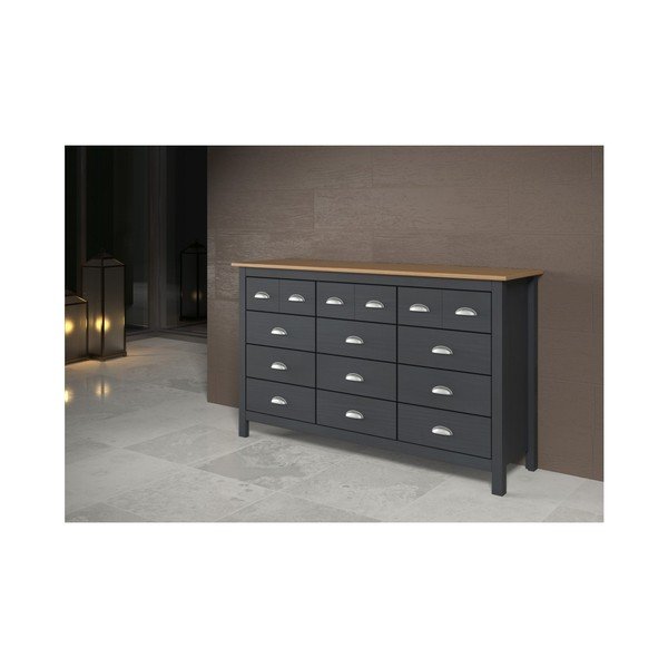 Антрацитно сив скрин, изработен от масивна борова дървесина, с 12 чекмеджета Jade - Marckeric-image-4