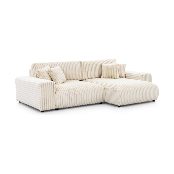 Кремав разтегателен ъглов диван от рипсено кадифе с място за съхранение (десен ъгъл) Sarina – Ropez