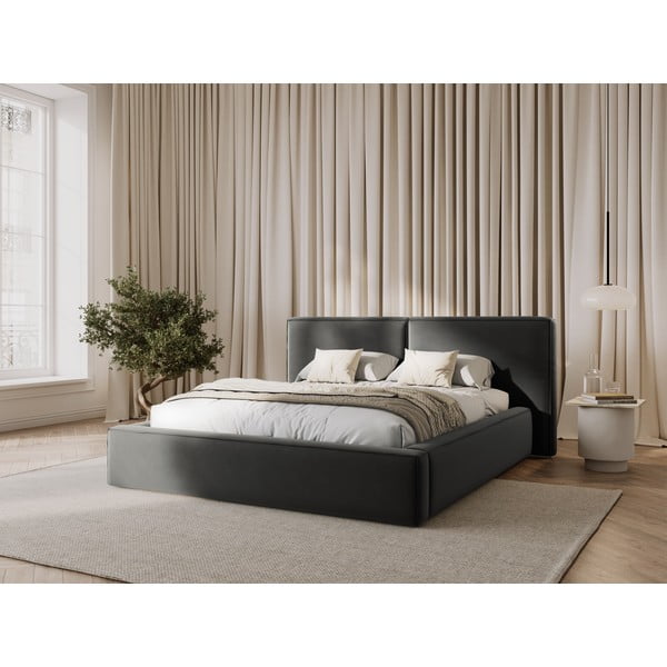 Сиво тапицирано кадифено двойно легло с място за съхранение с включена подматрачна рамка 200x200 cm Arendal – Cosmopolitan Design-image-1