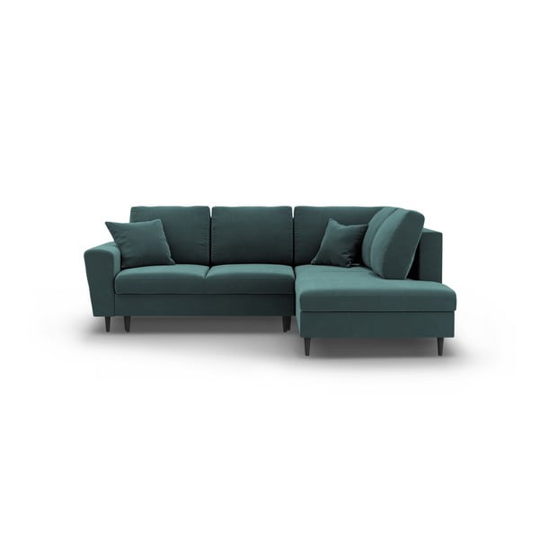 Кадифен разтегателен ъглов диван с място за съхранение в петролен цвят (десен ъгъл/L форма) Kyoto – Cosmopolitan Design