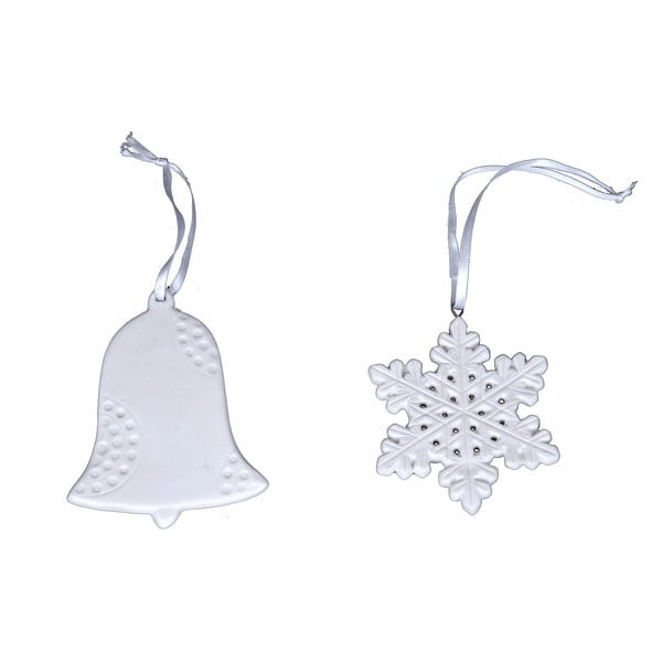 Комплект от 2 висящи орнамента от бял порцелан Bell & Snowflake - Ego Dekor