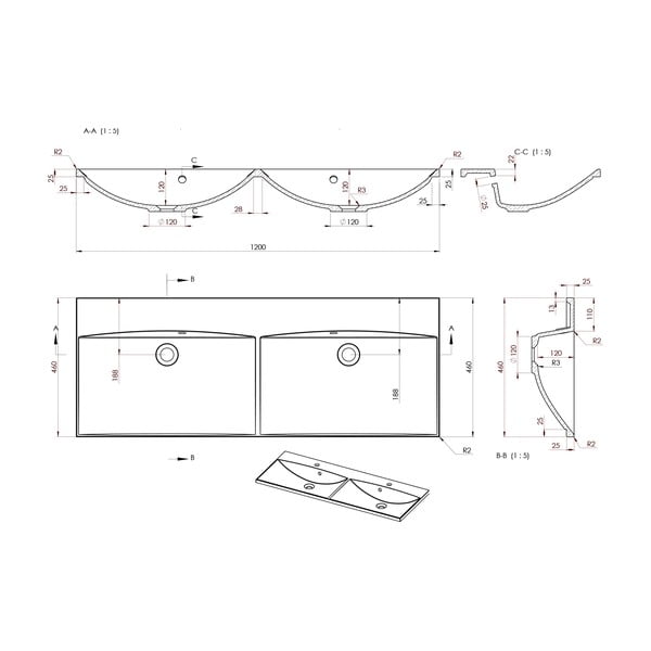 Бял двоен умивалник от отлят мрамор 120x46 cm Maria – Sapho-image-1