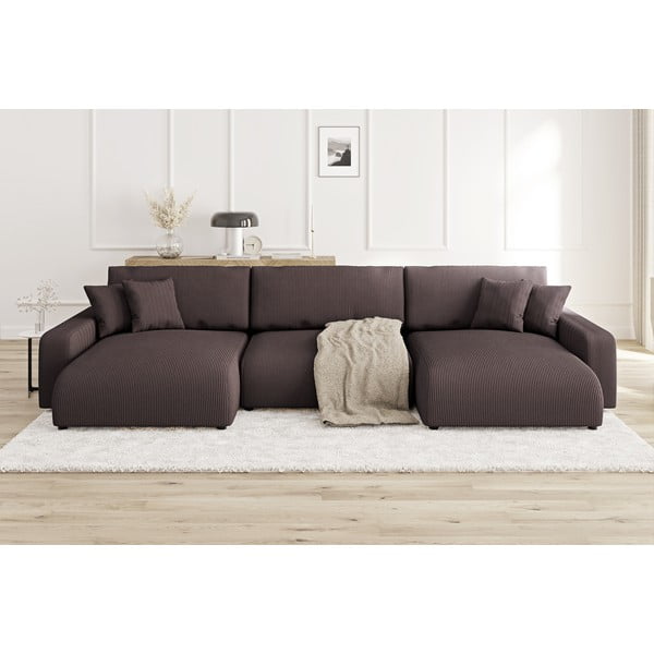 Кафяв ъглов диван с място за съхранение от рипсено кадифе Sara – Ropez-image-1