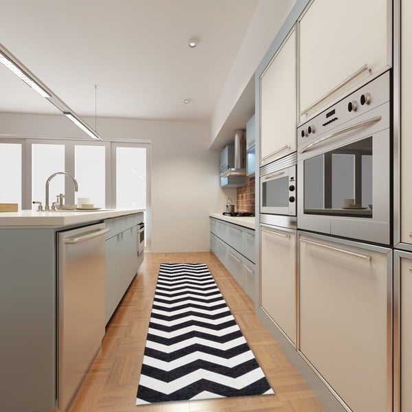 Изключително издръжлив кухненски килим Webtappeti Optical Black White, 60 x 240 cm - Floorita