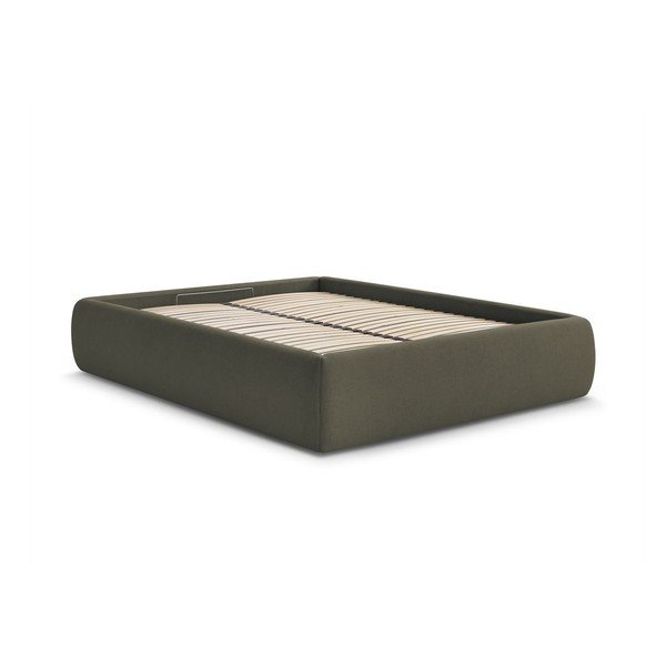 Тъмнозелено тапицирано двойно легло без табла с място за съхранение и включена подматрачна рамка 180x200 cm Inera – Bobochic Paris