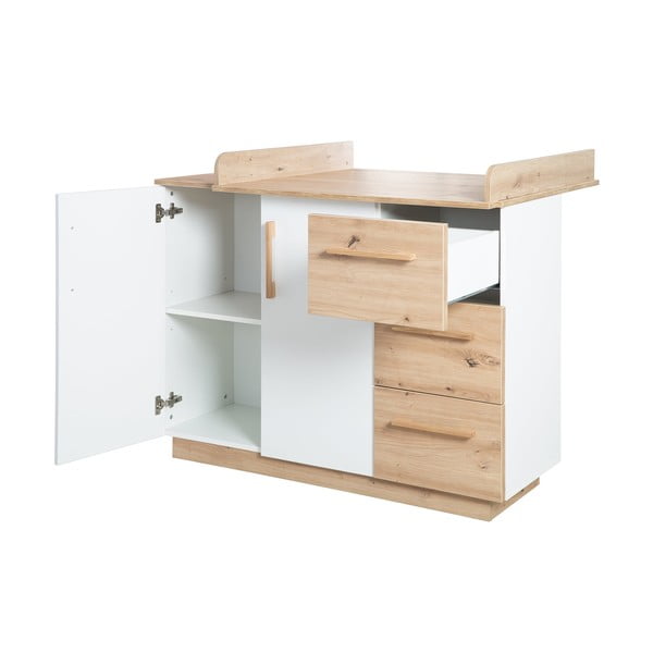 Бял/в естествен цвят детски скрин от декор от дъб  с маса за преповиване 118x103x79 cm Lion – Roba-image-4