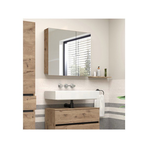 Стенен шкаф за баня с огледало от декор от дъб  в естествен цвят 80x70 cm Wisla – Støraa-image-4