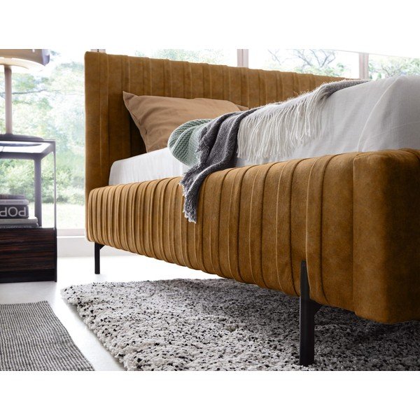 Двойно легло тапицирано с място за съхранение и включена подматрачна рамка в цвят жълта охра 140x200 cm Plissa – ELTAP-image-3