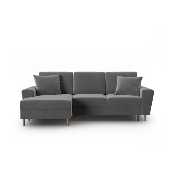 Светлосив кадифен разтегателен ъглов диван с място за съхранение (ляв ъгъл) Kyoto – Cosmopolitan Design