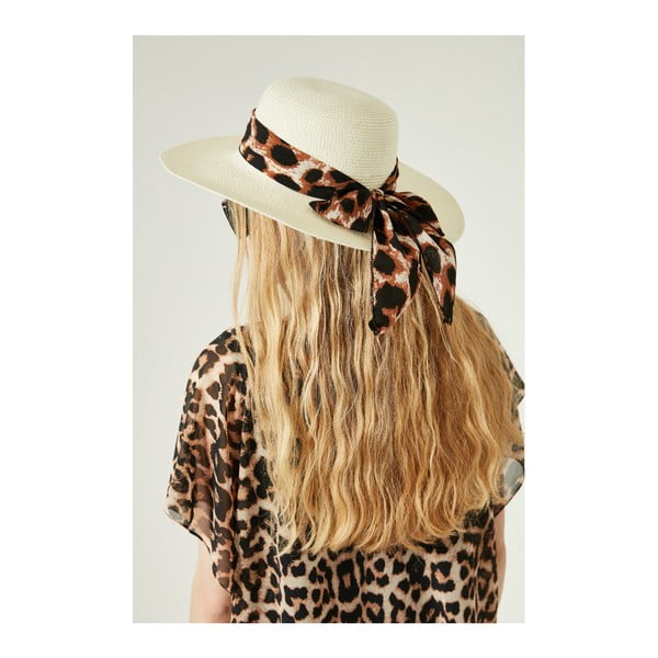 Кремава и бяла дамска сламена шапка с леопардова панделка - Alexander McKensey