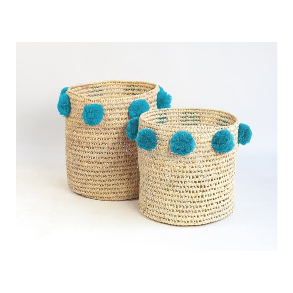 Sada 2 úložných košíků z palmových vláken s tyrkysovými dekoracemi Madre Selva Milo Basket