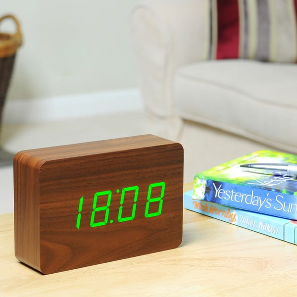 Tmavě hnědý budík se zeleným LED displejem Gingko Brick Click Clock-image-3