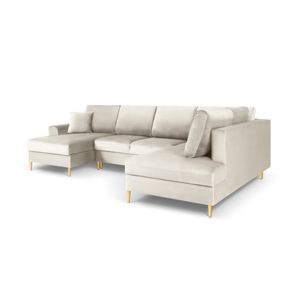 Бежов кадифен разтегателен ъглов диван с място за съхранение (десен ъгъл/U форма) Kyoto – Cosmopolitan Design-image-3