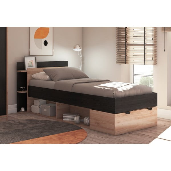 Черно-естествено единично легло 90x200 cm от декор от дъб  с място за съхранение без ламелно дъно Albo – Marckeric-image-3