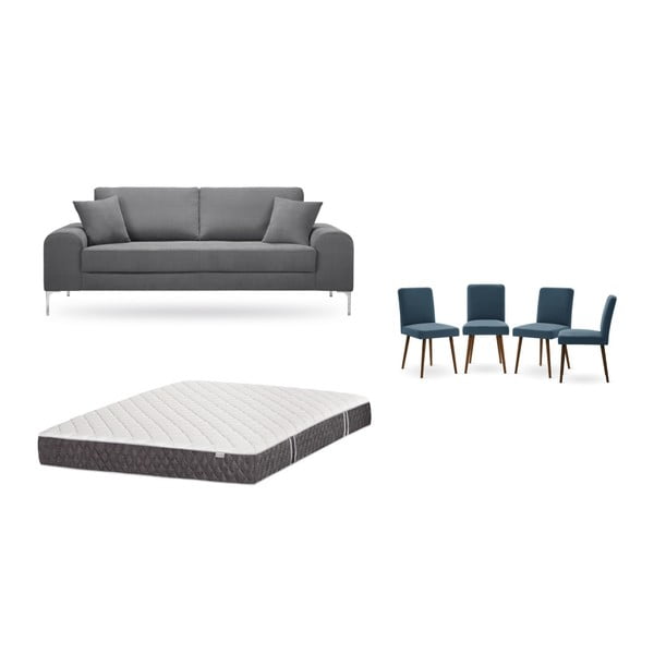 Комплект от триместен сив диван, 4 сини стола и матрак 160 x 200 cm - Home Essentials