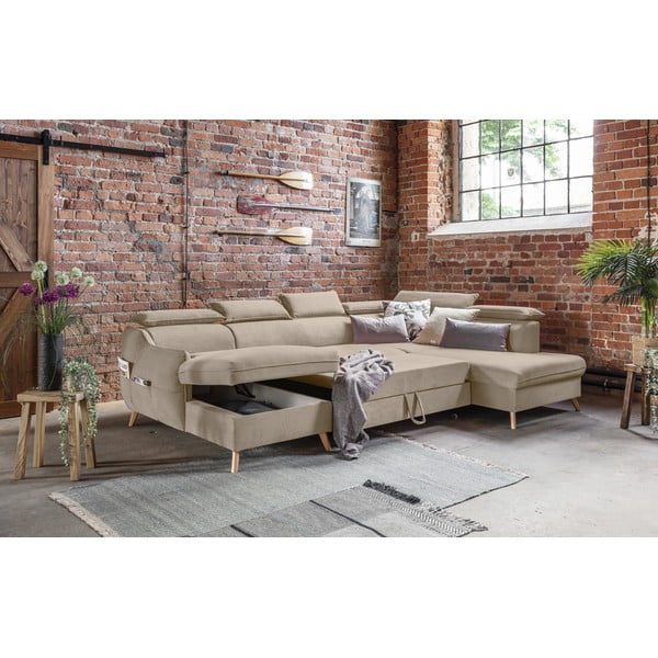 Бежов кадифен U-образен ъглов диван (десен ъгъл) Sweet Harmony - Miuform-image-4