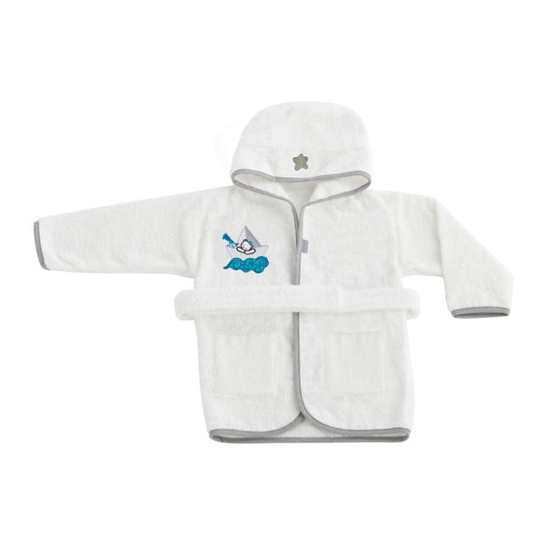 Детски бял халат за баня със сиви детайли от 100% памук Oso Barco - Naf Naf