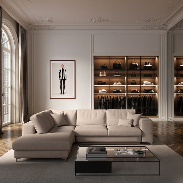 Бежов кадифен разтегателен ъглов диван с място за съхранение (ляв ъгъл/L форма) Rene – Rodier-image-1