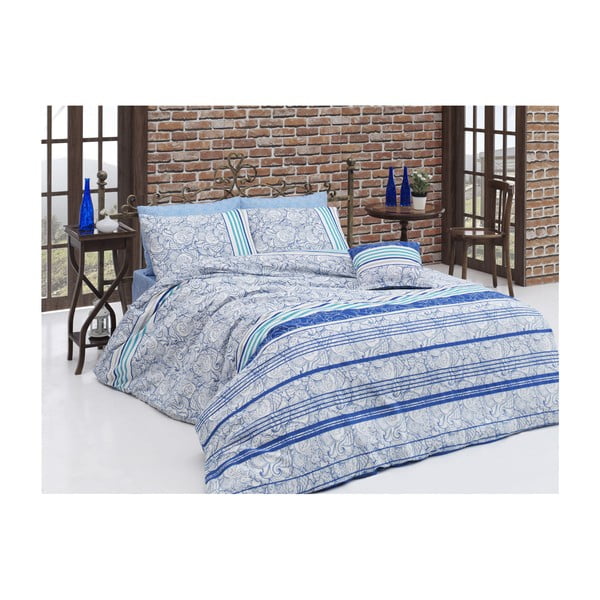 Синьо памучно спално бельо с чаршаф за единично легло Stripe, 140 x 200 cm - Mijolnir