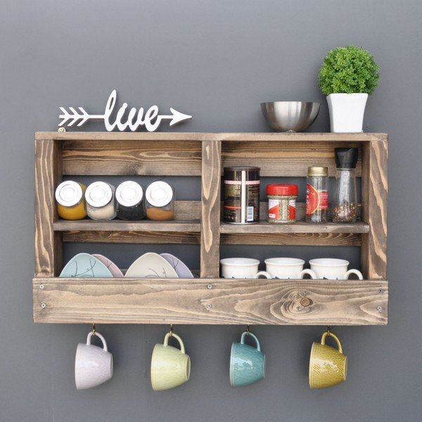 Дървен стенен рафт с куки Ayako - Evila Originals-image-1