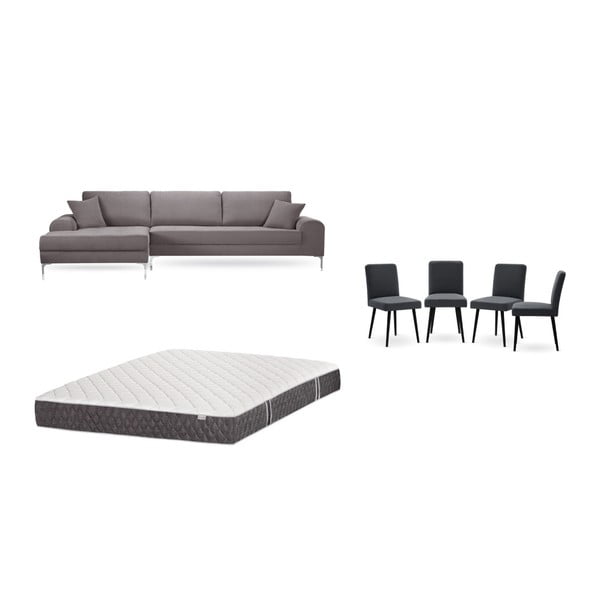 Комплект от кафяв диван с шезлонг вляво, 4 антрацитно сиви стола и матрак 160 x 200 cm - Home Essentials